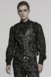 Black V Collar Long Sleeves Floral Embroidery Men's Gothic Vest